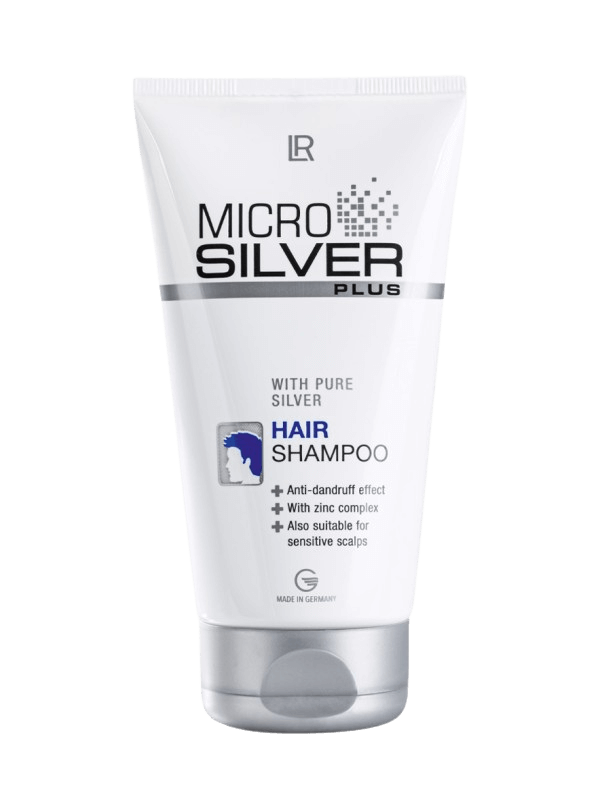 Tube de shampoing "LR MICROSILVER PLUS anti-pelliculaire", enrichi en argent pur et complexe de zinc, conçu pour apaiser les cuirs chevelus sensibles et combattre les pellicules.