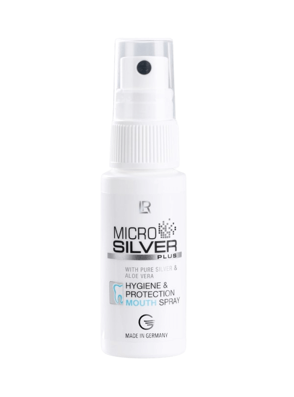 Spray buccal MICROSILVER PLUS avec argent pur et Aloe Vera, fabriqué en Allemagne pour une hygiène et protection buccales avancées.