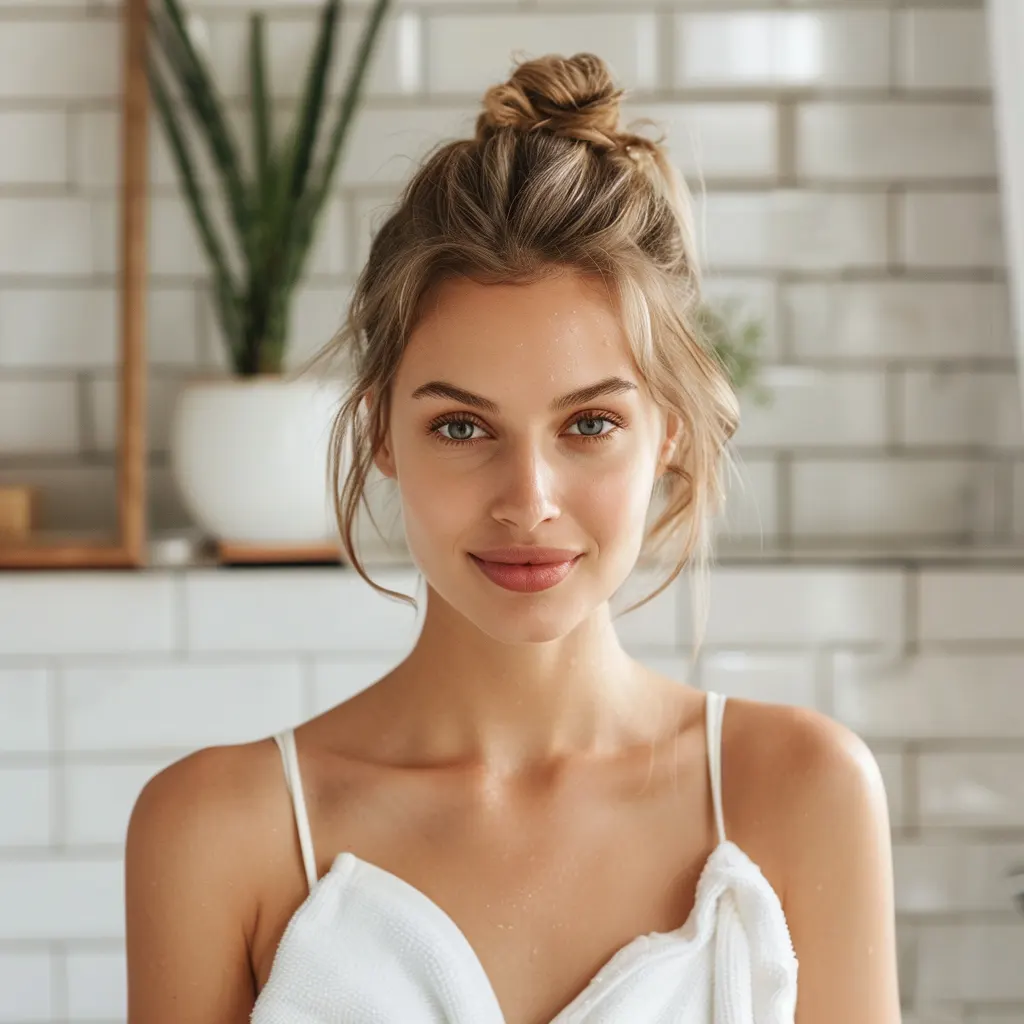 Éclat naturel avec les soins spéciaux à l'aloe vera de LR Health & Beauty sur sainaloe Une jeune femme souriante dans une salle de bain lumineuse, symbole de la beauté et du bien-être grâce aux soins à l'aloe vera de LR Health & Beauty.