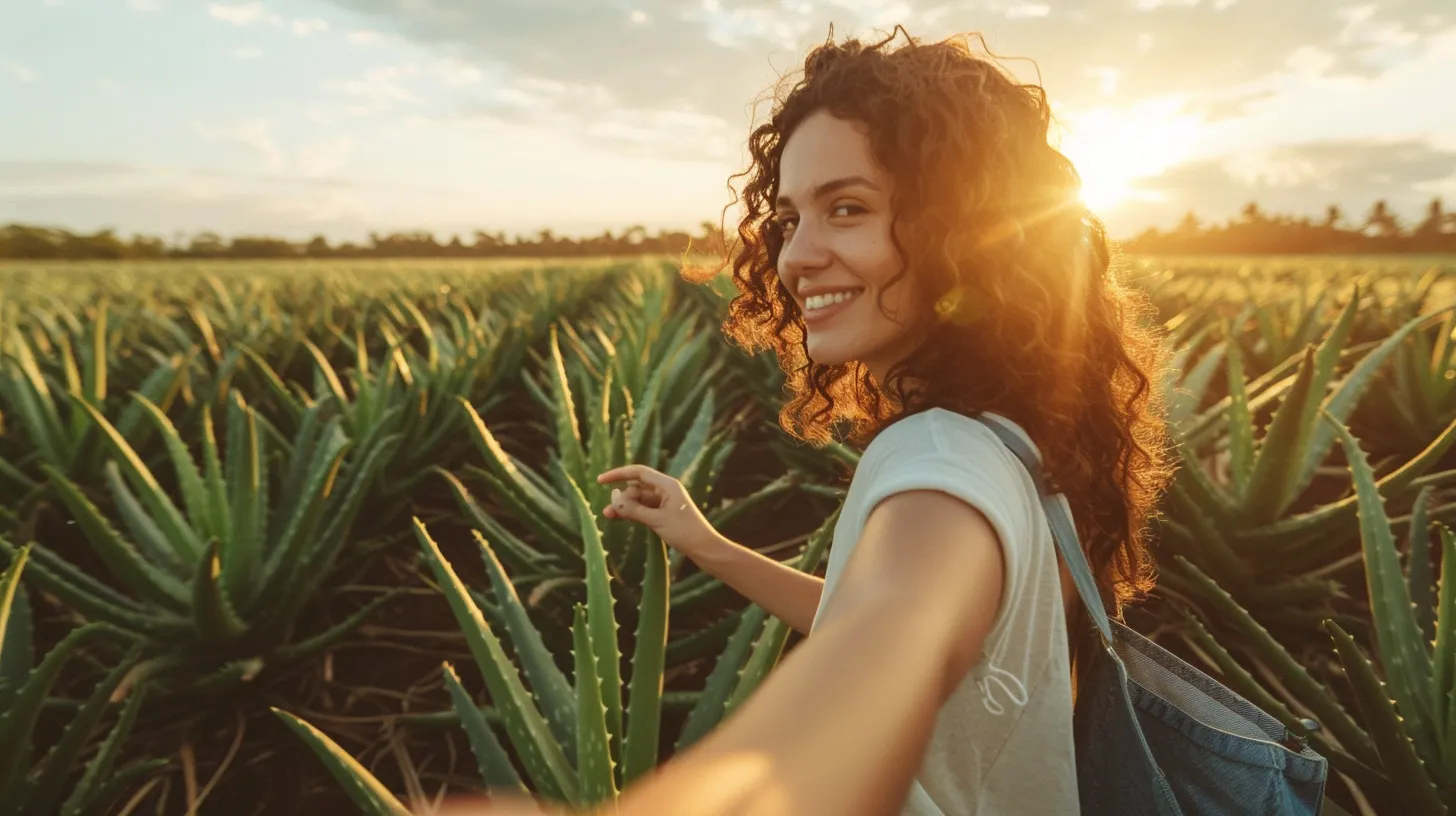 Femme souriante dans un champ d'aloe vera barbadensis miller au coucher du soleil, tenant la main de quelqu'un en arrière-plan.
