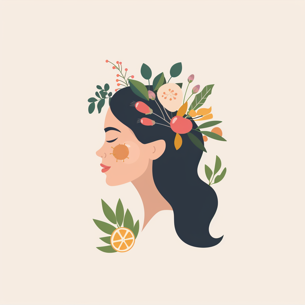 Illustration flat icon d'un visage de femme avec des cheveux forts et sains, représentant les bienfaits des compléments riches en nutriments essentiels de LR Health & Beauty sur sainaloe.com, dédié à la santé et au bien-être.