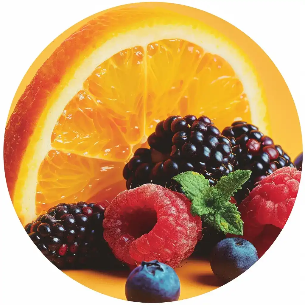 Tranche d'orange et baies colorées riches en vitamine C, symbolisant le renforcement immunitaire et la santé optimale.