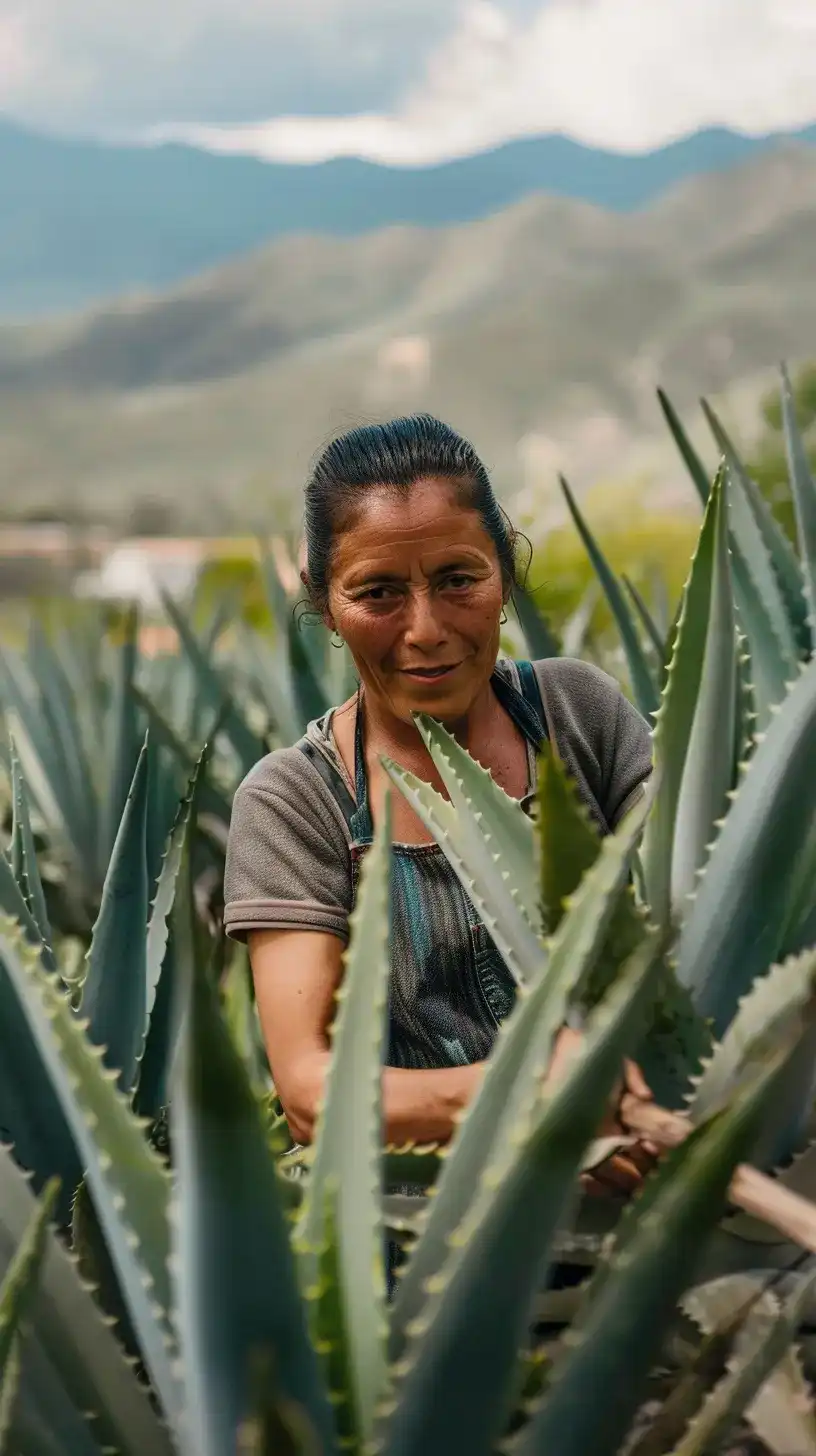 Beauté intérieure et bienfaits de l'aloe vera avec les produits LR Health & Beauty Femme travaillant dans un champ d'aloe vera, représentant la beauté intérieure et extérieure, et les bienfaits de l'aloe vera pour la santé et le bien-être.