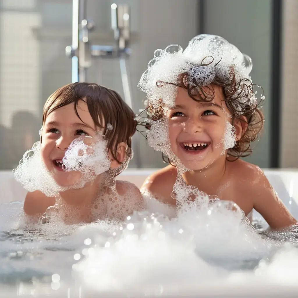 Soins Aloe Vera Doux pour Bébé et Enfant : Hydratation et Protection Naturelle Deux jeunes enfants souriants prenant un bain moussant, représentant la santé et le bien-être grâce aux produits de soins doux à l'aloe vera de LR Health & Beauty, disponibles sur le site Sainaloe.
