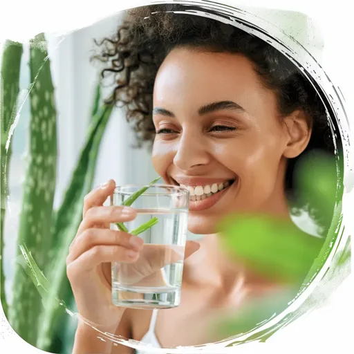 Une femme souriante buvant un verre d'eau enrichi en Aloe Vera, symbolisant l'hydratation naturelle et le bien-être offerts par les produits de LR Health & Beauty.