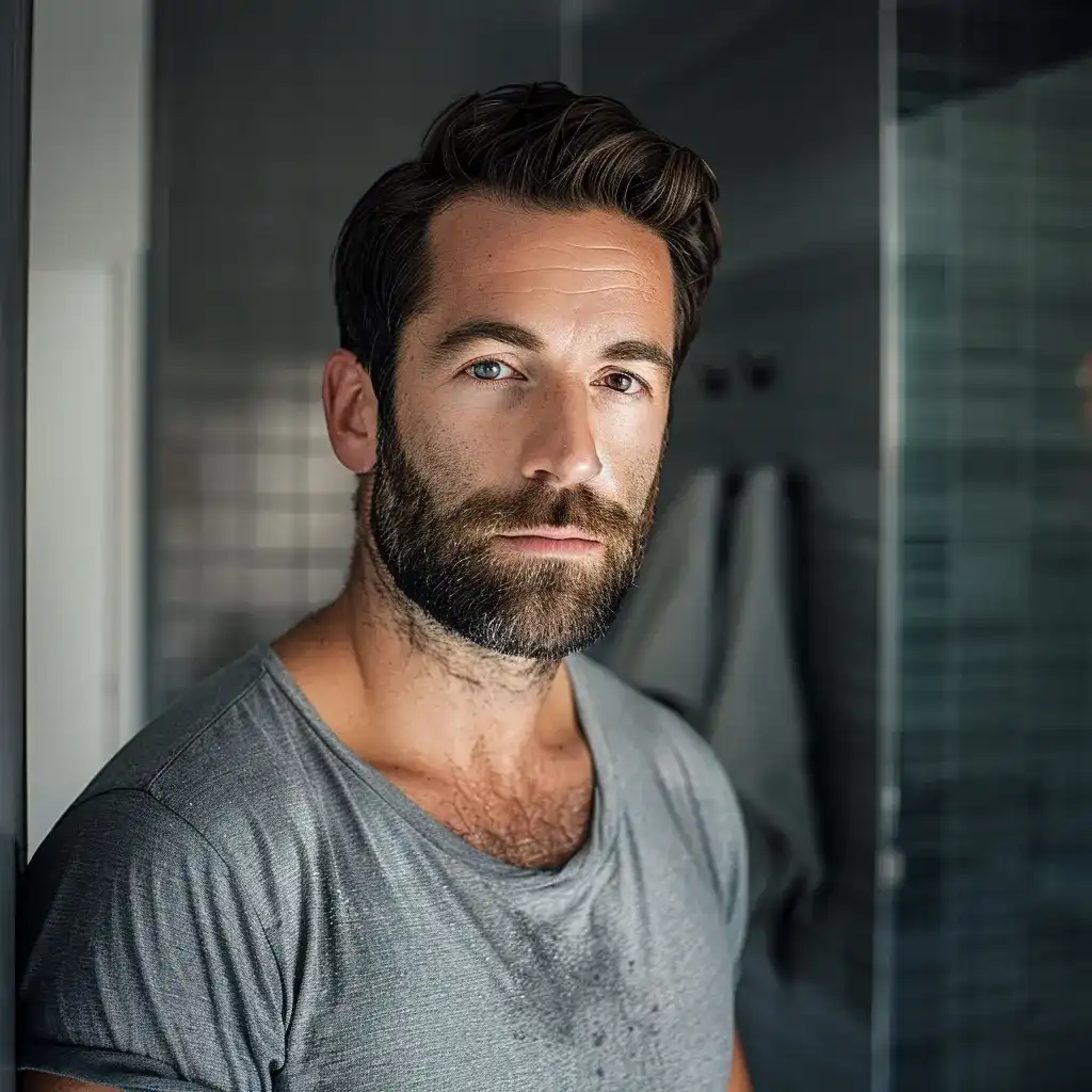 Soins pour Homme Aloe Vera : Hydratation et Confort Quotidien Homme barbu avec un regard intense, représentant la santé et le bien-être grâce aux produits de soins pour homme à base d'aloe vera de LR Health & Beauty, disponibles sur le site Sainaloe.