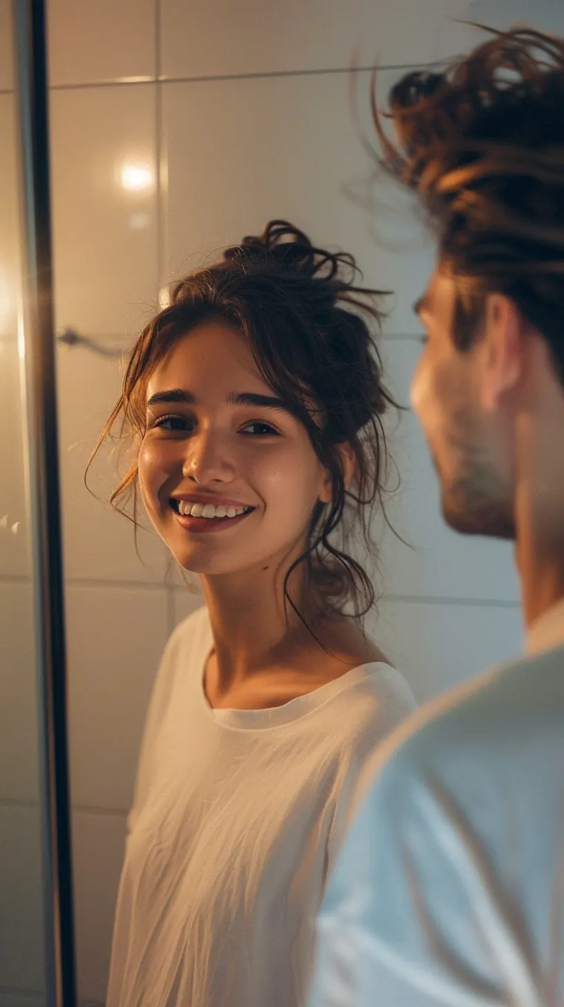 Bien-Être et Éclat avec les Soins Visage LR MicroSilver Plus Femme souriante se regardant dans un miroir, symbolisant la santé et le bien-être grâce aux produits LR Health & Beauty présentés sur le site Sainaloe.