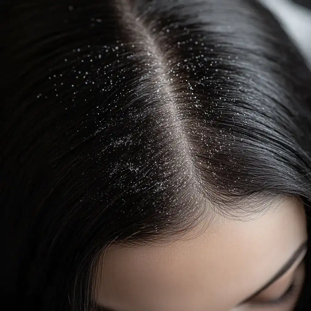 Élimination des Pellicules et Soin Capillaire avec MicroSilver Plus Cuir chevelu avec pellicules, illustrant les effets des soins capillaires LR Health & Beauty pour un cuir chevelu sain.