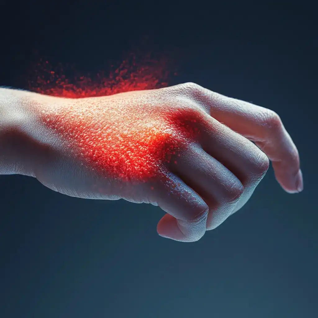 Protection et Hydratation Intense pour les Mains avec MicroSilver Plus Main souffrant d'irritation cutanée rougeoyante, représentant les effets apaisants de la crème pour les mains LR MicroSilver Plus disponible sur Sainaloe.