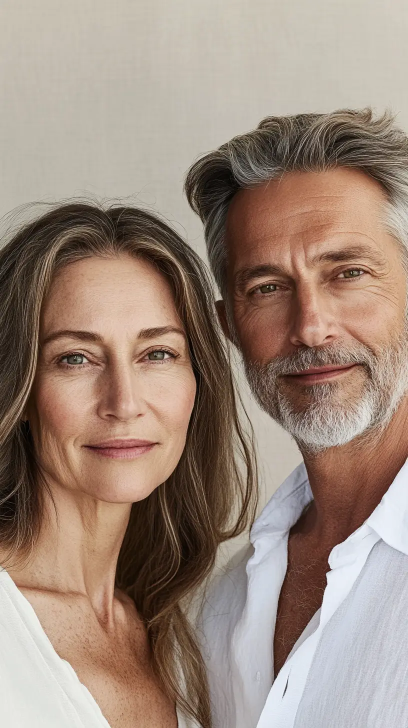 Soins Anti-Âge pour Femmes et Hommes - LR Zeitgard Pro sur Sainaloe Portrait d'un homme et d'une femme avec une peau éclatante, illustrant l'efficacité des soins anti-âge LR Zeitgard Pro pour hommes et femmes, disponibles sur sainaloe.