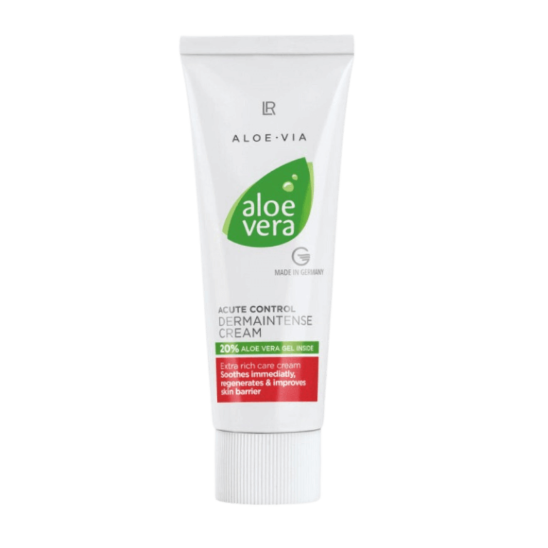 Tube de crème régénératrice Aloe Vera DermaIntense pour hydratation et apaisement de la peau, riche en Aloe Vera et nutriments essentiels.