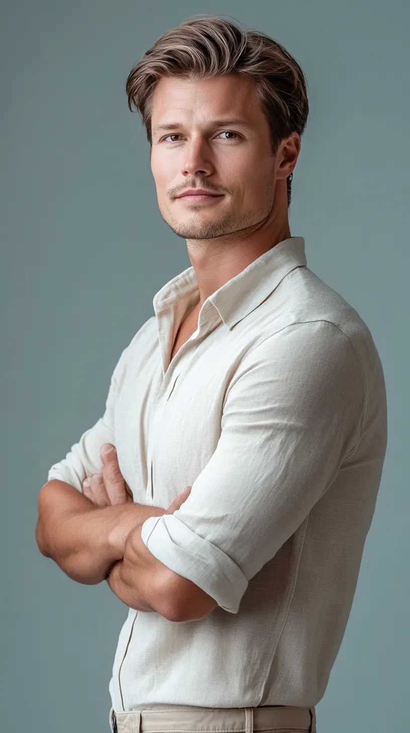 Homme confiant et élégant avec une apparence naturelle, représentant l'efficacité des soins anti-âge pour hommes de LR Health & Beauty, disponibles sur sainaloe.com.