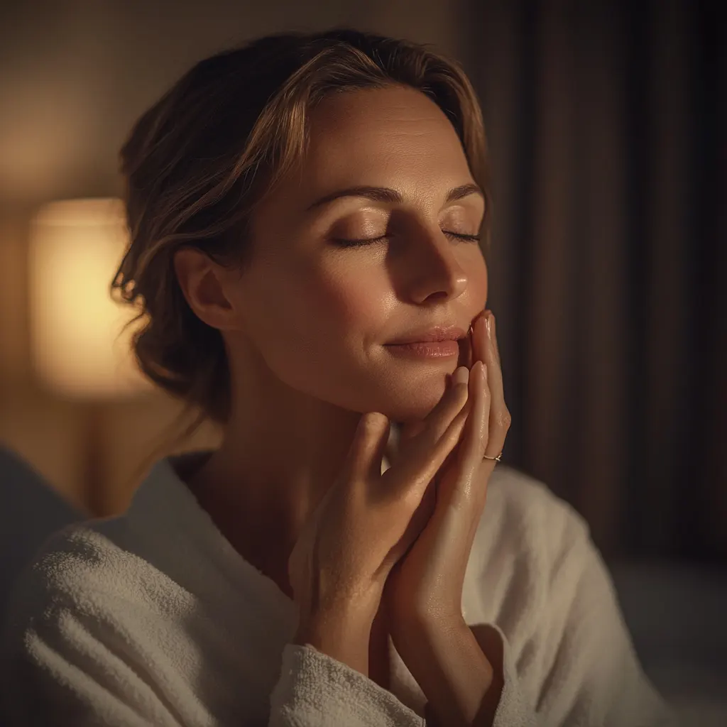 Femme se relaxant en soirée, illustrant l'effet apaisant et régénérant des soins de nuit LR Health & Beauty, disponibles sur sainaloe.com.