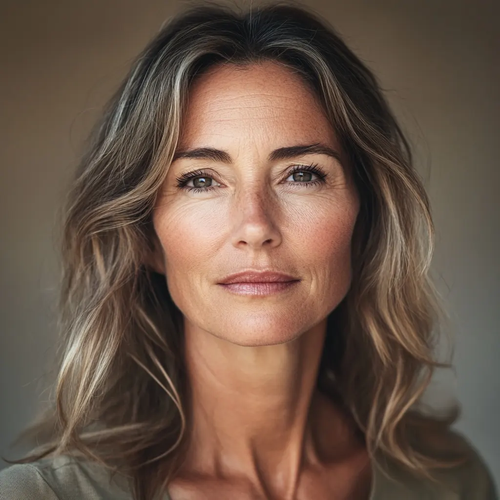 Femme mature avec un teint éclatant, illustrant l'efficacité des soins hydratants anti-âge de sainaloe.com pour une beauté naturelle.
