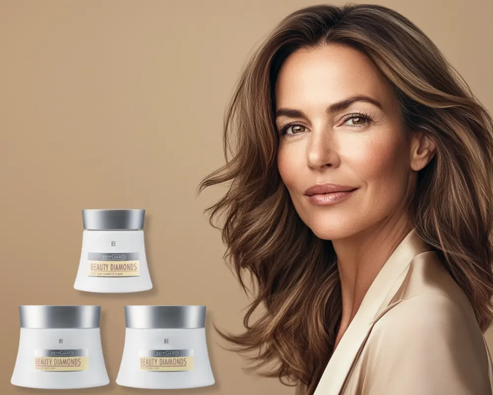 Femme mature avec une peau radieuse, accompagnée de crèmes anti-âge Beauty Diamonds de LR Health & Beauty disponibles sur sainaloe.com.