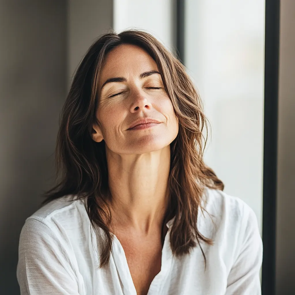 Femme mature avec une expression sereine, représentant l'apaisement et le bien-être offerts par les soins anti-âge de sainaloe.com.