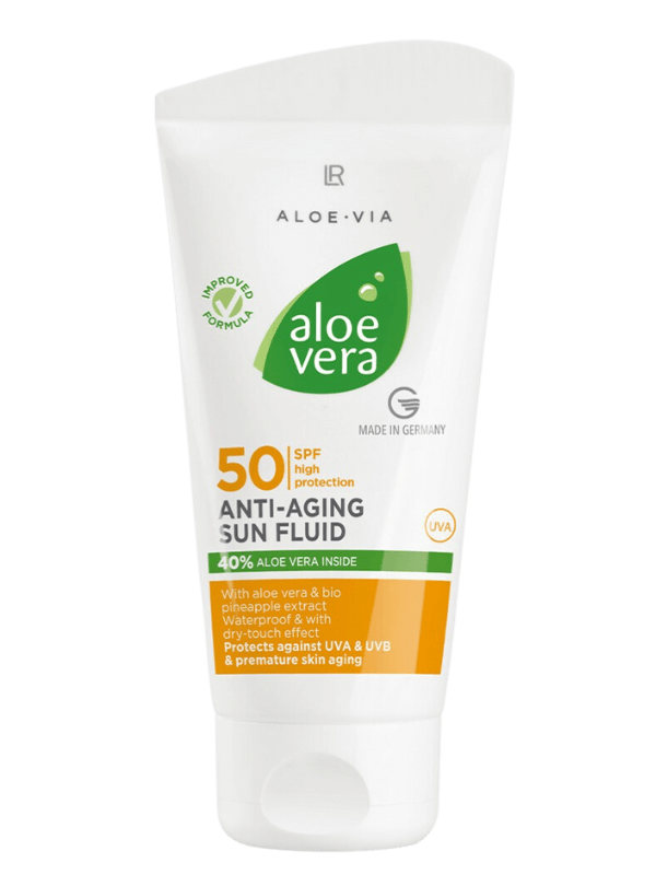 Tube de "Lotion Solaire Anti-Âge IP 50 Aloe Vera", avec 40 % d'aloe vera et extrait d'ananas bio, conçu pour une haute protection solaire et un soin anti-âge.