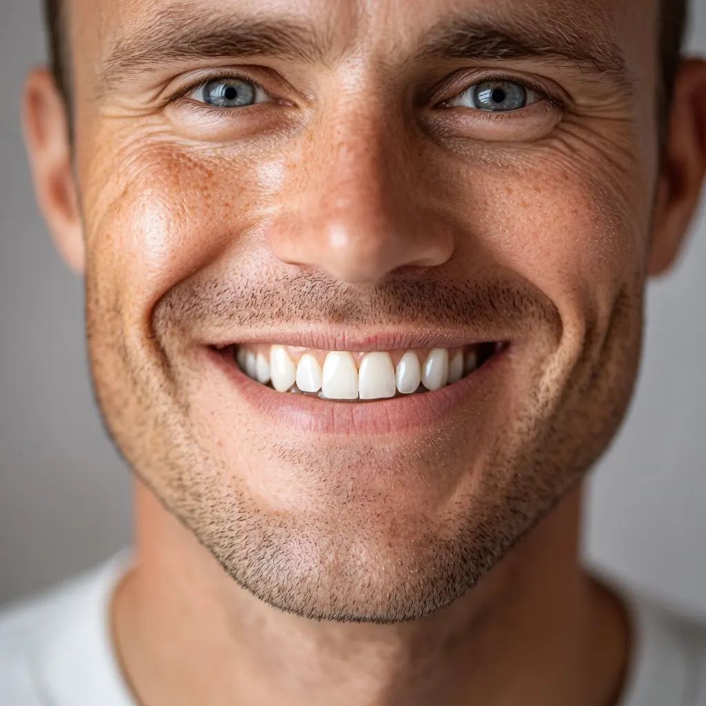 Visage souriant d'un homme montrant des dents saines, illustrant la prévention des caries grâce aux soins Aloe Vera de sainaloe.com et LR Health & Beauty