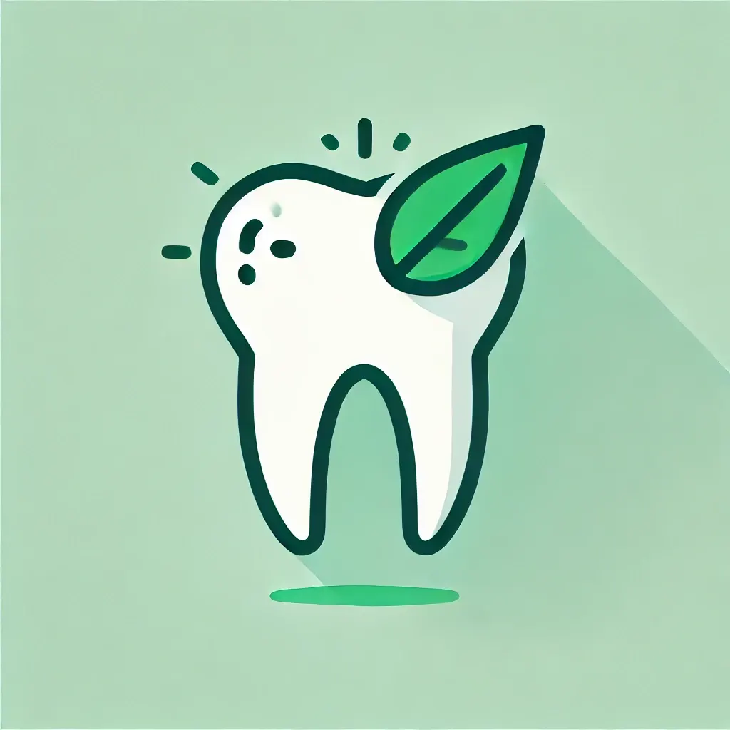 Dessin stylisé d'une dent avec une feuille verte, illustrant le soin naturel bucco-dentaire à base d'Aloe Vera, sain pour les dents, proposé par sainaloe.com et LR Health & Beauty