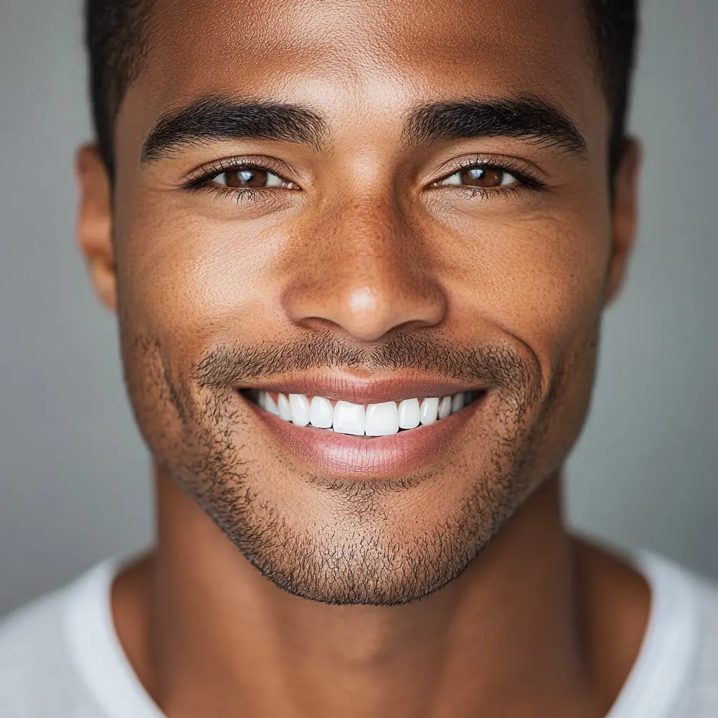 Visage souriant d'un homme métis montrant des dents saines, illustrant le soin des dents sensibles grâce aux produits Aloe Vera de sainaloe.com et LR Health & Beauty