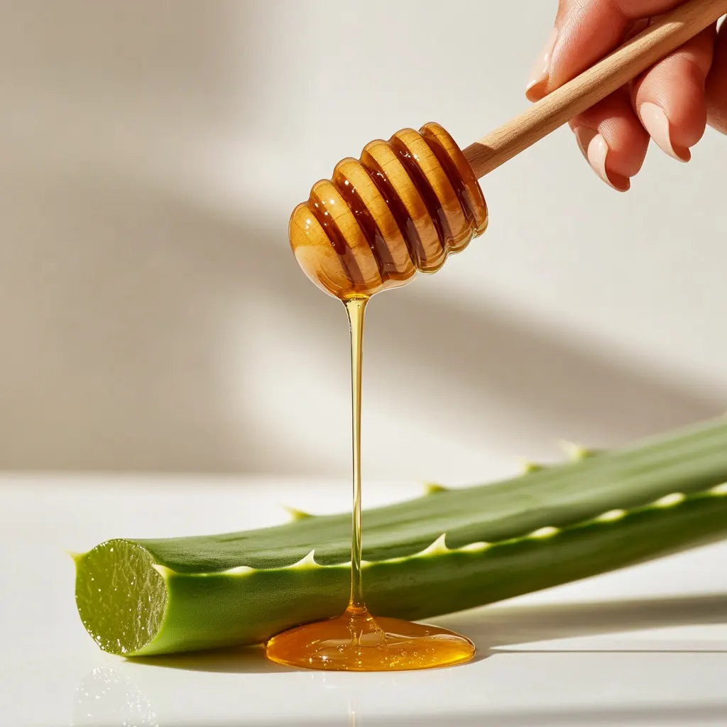 Une feuille d’Aloe Vera fraîchement coupée avec du miel doré coulant d’une cuillère en bois, illustrant les bienfaits du gel à boire Aloe Vera et miel pour un équilibre digestif parfait, disponible sur sainaloe.com par LR Health & Beauty.