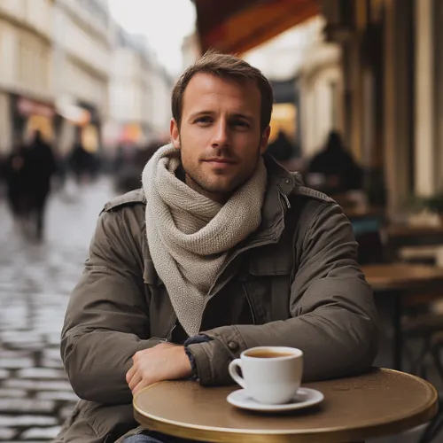 Homme serein dégustant un café en extérieur, représentant la gestion du stress et le soutien immunitaire avec LR Health & Beauty.
