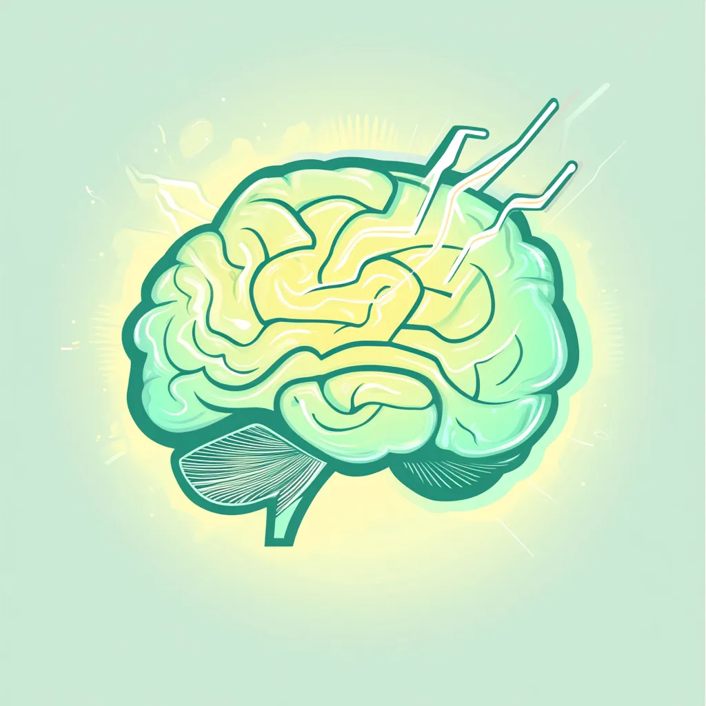 Illustration minimaliste d’un cerveau humain avec des éclairs lumineux, symbolisant la stimulation cognitive et l’énergie mentale promues par sainaloe.com et LR Health & Beauty.