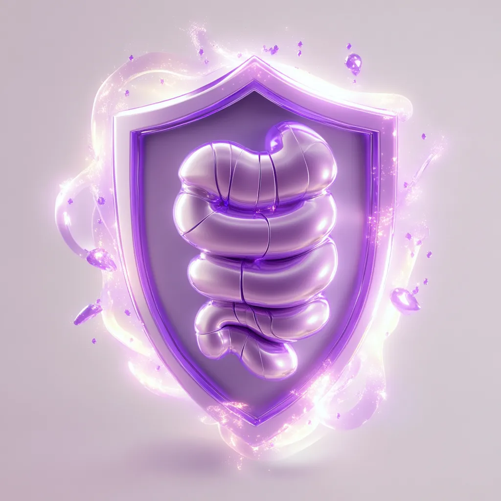 Illustration 3D d’un intestin stylisé en violet, protégé par un bouclier lumineux, représentant la connexion entre le système digestif et l’immunité.
