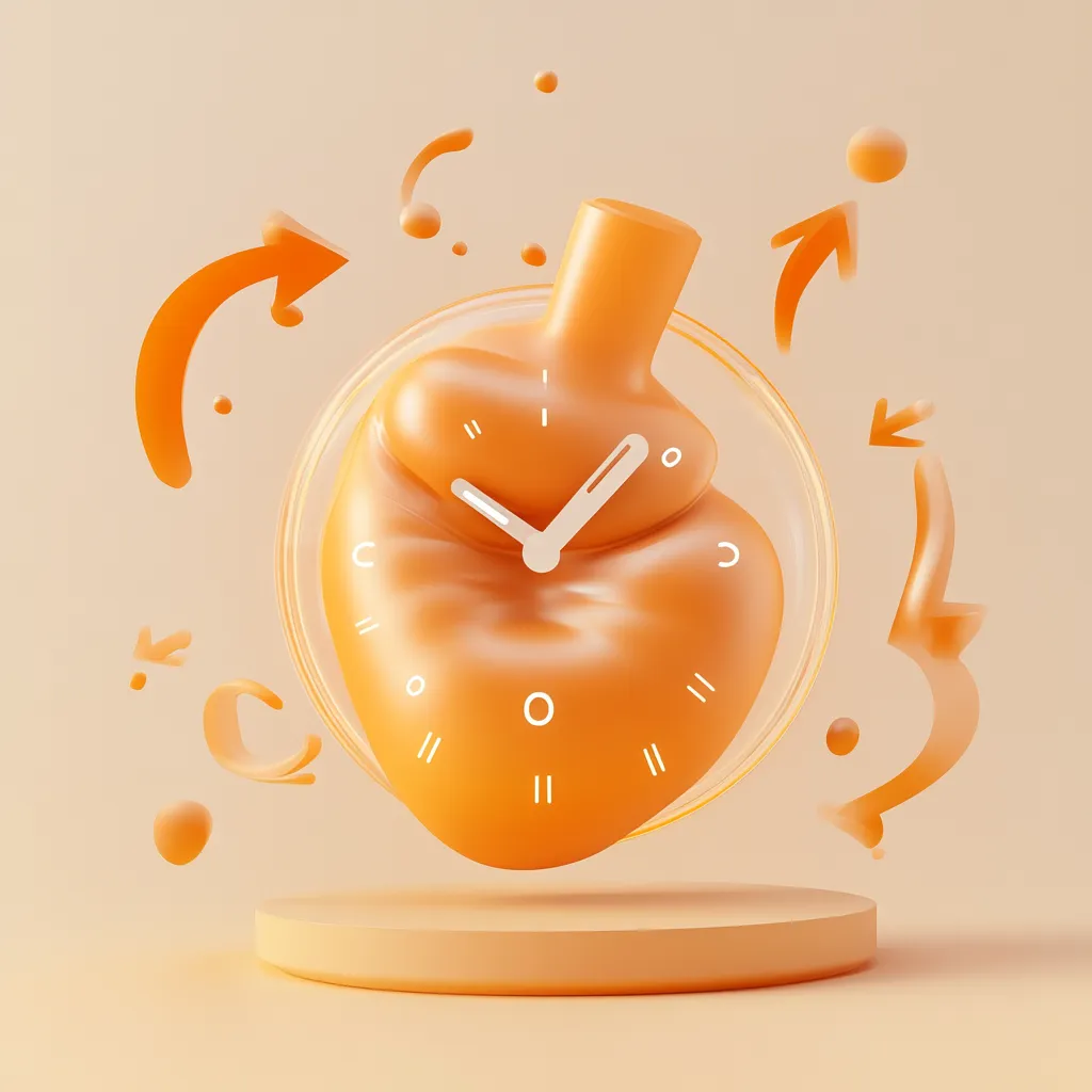 Illustration 3D d’un estomac orange semi-transparent avec une horloge intégrée, symbolisant la digestion lente et le confort intestinal.