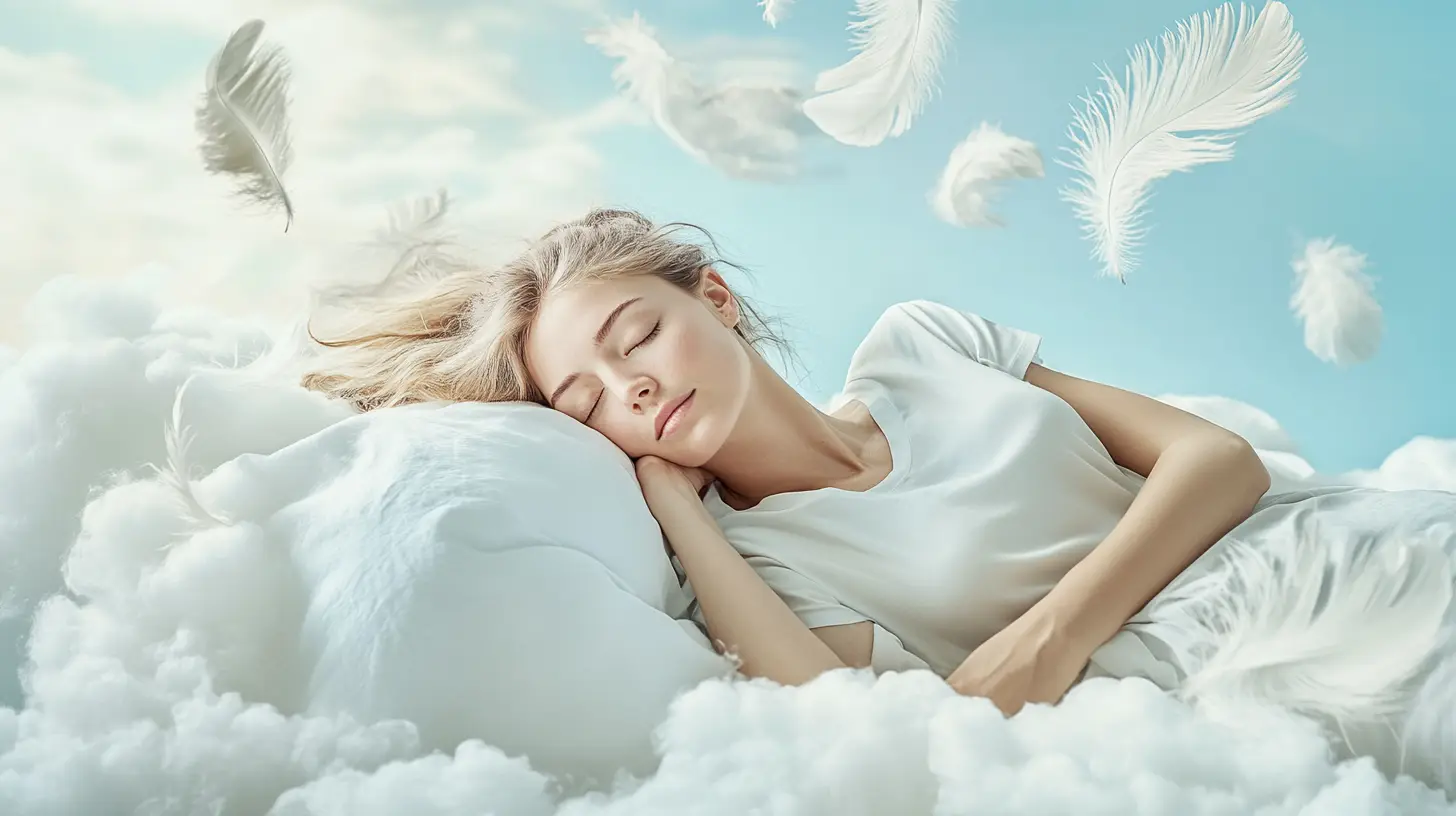 Femme endormie paisiblement sur un lit de nuages avec des plumes blanches flottantes, évoquant un sommeil profond et réparateur.