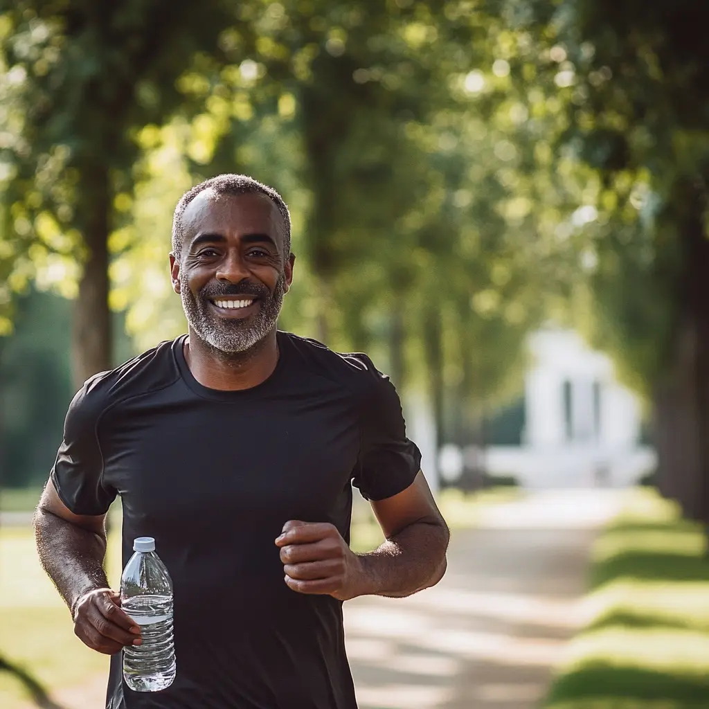 Homme souriant en pleine course dans un parc verdoyant, une bouteille d'eau à la main.