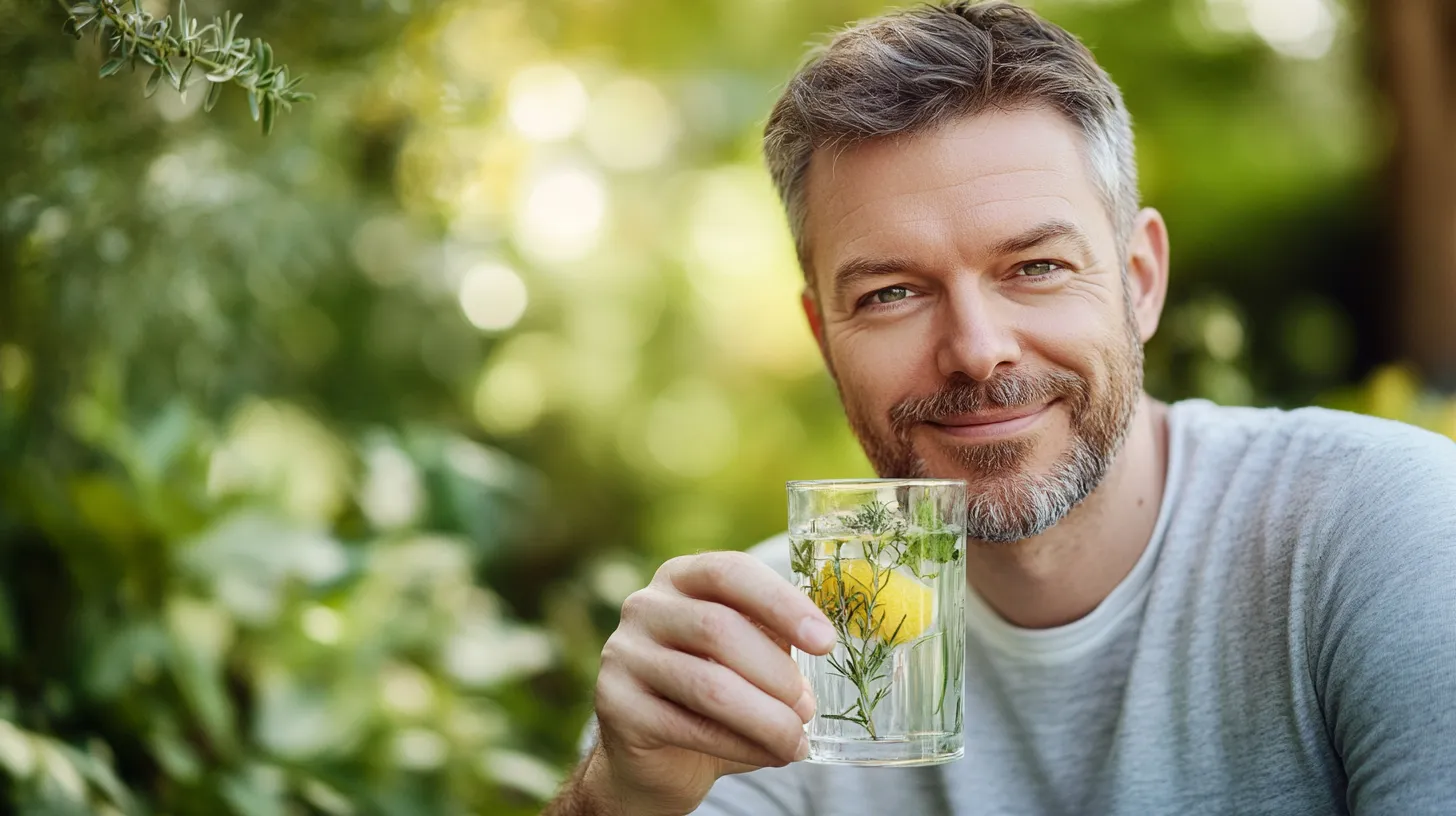 Un homme souriant, tenant un verre d’eau infusée au citron et aux herbes, illustrant l’équilibre naturel entre digestion et immunité.