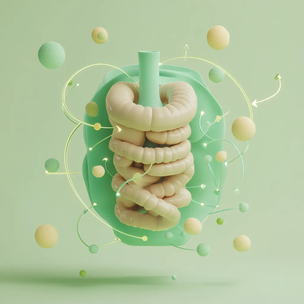 Illustration 3D d’intestins beige clair avec des particules lumineuses et des flèches vertes symbolisant un microbiote intestinal équilibré.