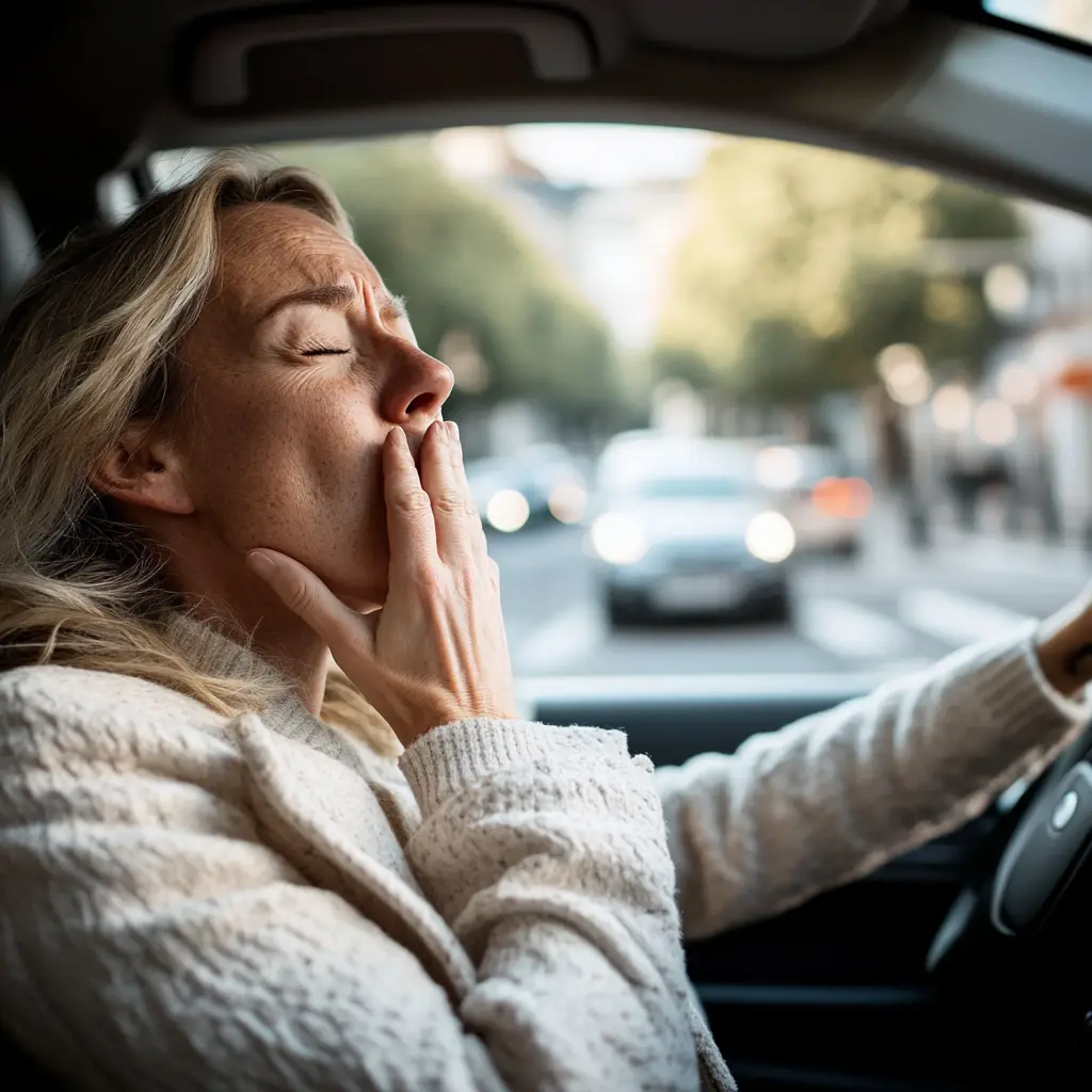 Conductrice bâillant au volant sur une route en ville, exprimant une fatigue évidente.