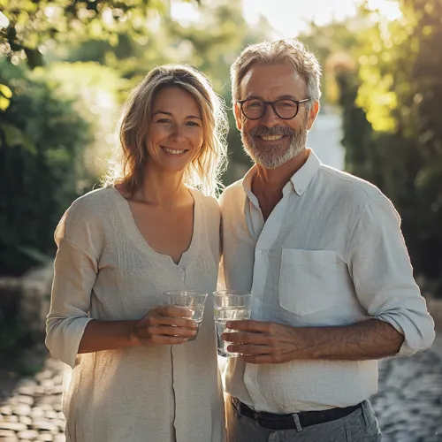 Couple mature souriant, tenant des verres d’eau, incarnant un mode de vie sain et équilibré grâce aux produits LR Health & Beauty.