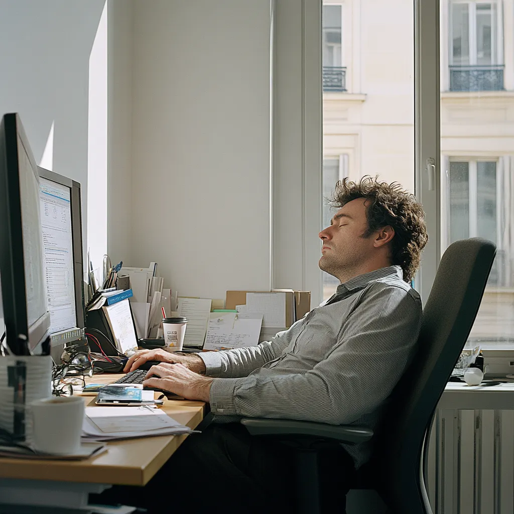 Homme fatigué, somnolant devant un ordinateur dans un bureau lumineux, symbolisant le manque d'énergie au travail.