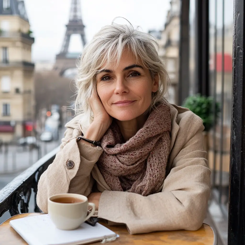 Portrait d'une femme détendue savourant une tasse de thé à Paris, avec la Tour Eiffel en arrière-plan.