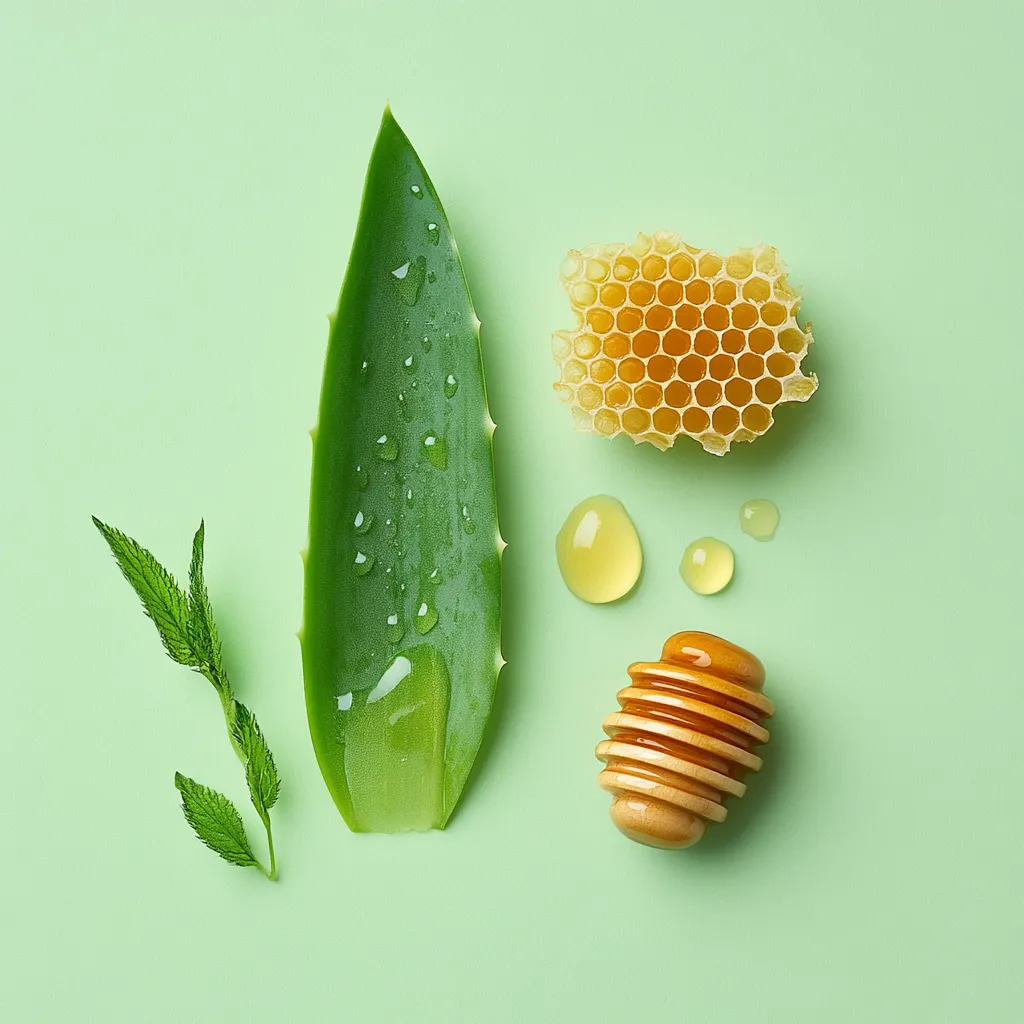 Feuille d'aloe vera, miel en rayon et feuille de menthe, illustrant les ingrédients naturels des produits sainaloe.com de LR Health & Beauty.