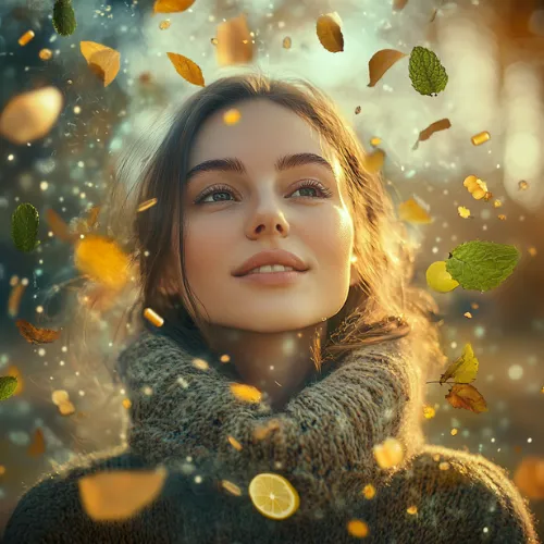 Femme souriante au milieu d’ingrédients naturels, illustrant le renforcement de l’immunité face aux changements de saison avec LR Health & Beauty.