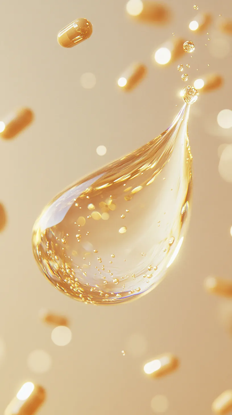 Une goutte dorée flottant parmi des capsules brillantes, représentant le Colostrum riche en nutriments pour renforcer l'immunité.