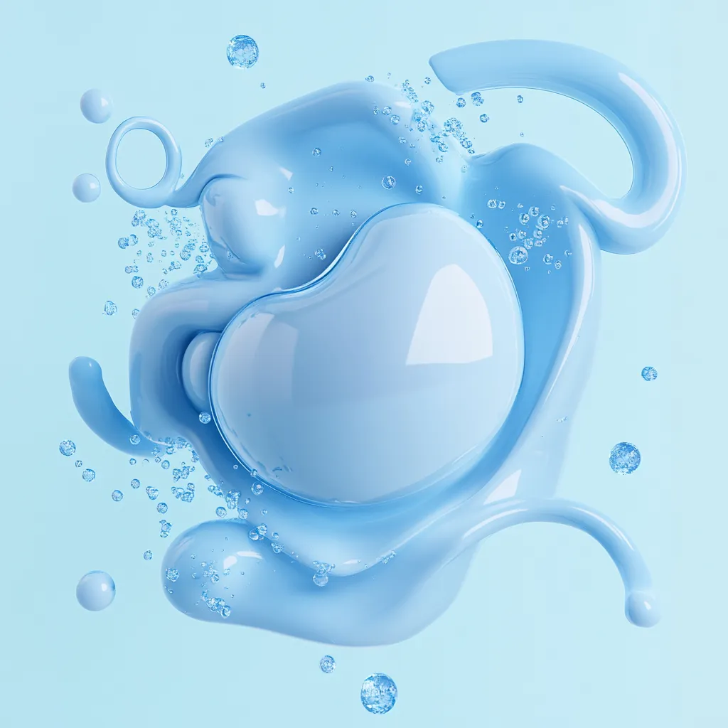 Illustration 3D d’un estomac bleu stylisé avec des bulles d’air et des courbes fluides représentant un soulagement des ballonnements.