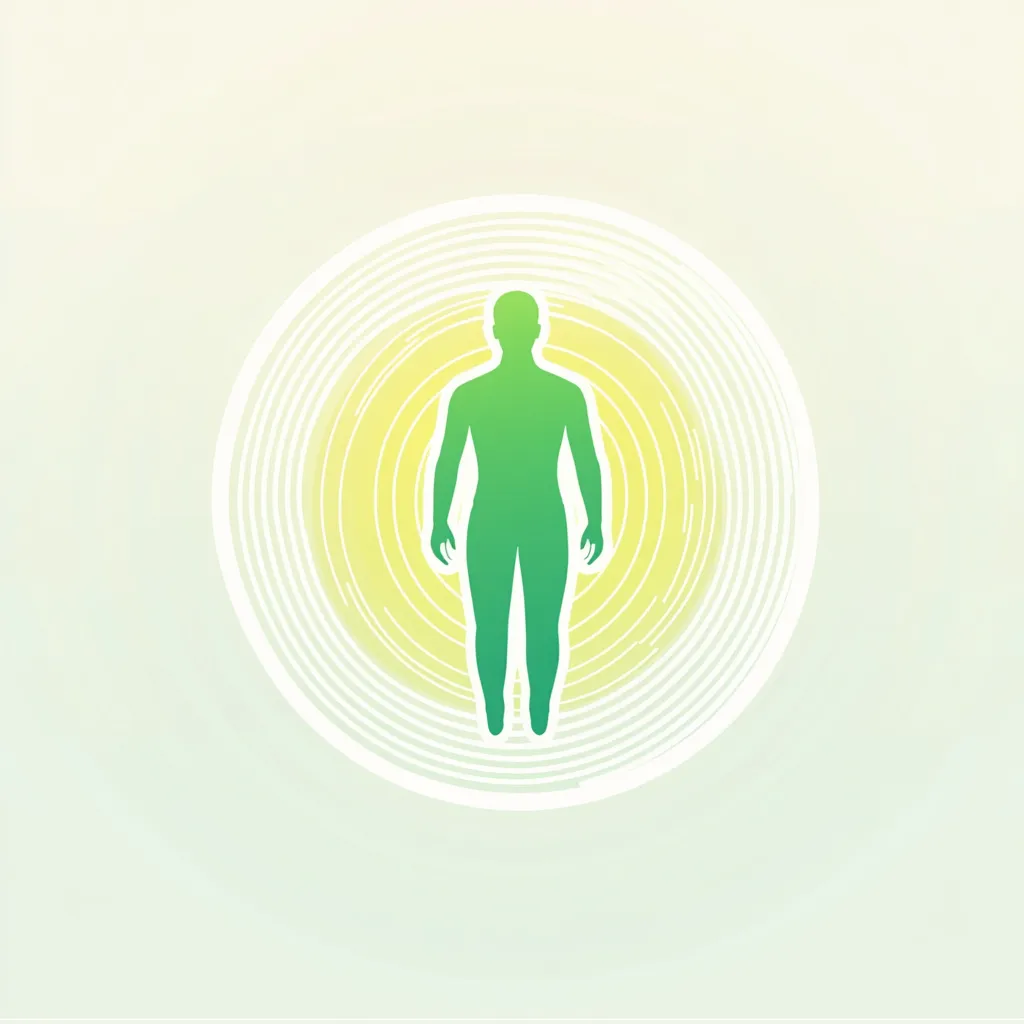 Représentation minimaliste d'un corps humain entouré d'auras énergétiques, illustrant le bien-être global et l'équilibre grâce à LR Health & Beauty, proposé sur sainaloe.com.