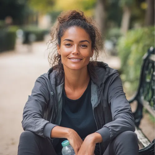 Femme sportive assise sur un banc, souriante et revitalisée après une séance d'entraînement, grâce aux produits LR Health & Beauty.