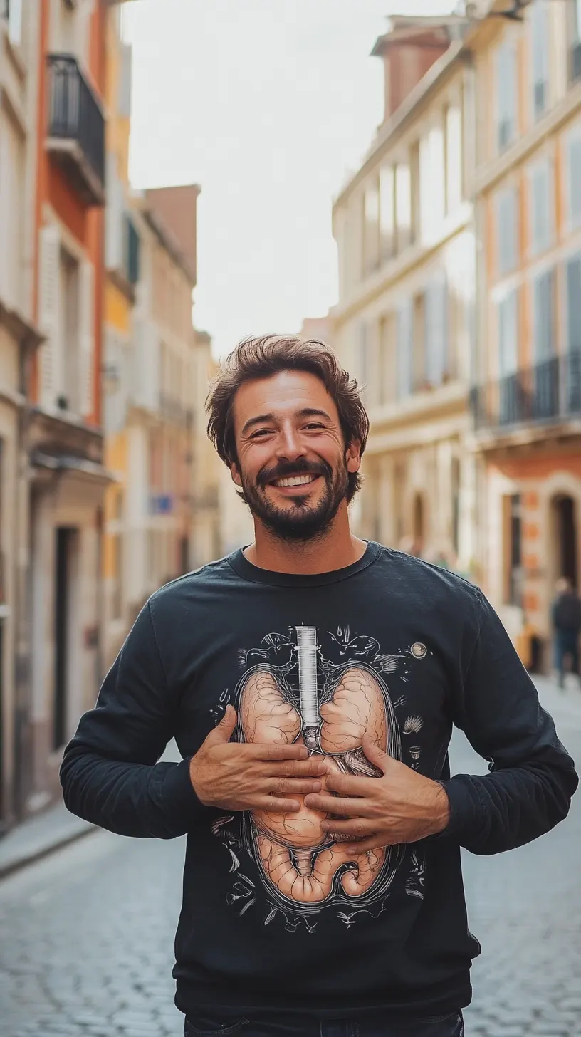Un homme souriant dans une rue de Toulouse portant un t-shirt illustrant le système digestif, représentant les bienfaits du Gel d’Aloe Vera Pêche pour une digestion facilitée, disponible sur sainaloe.com et développé par LR Health & Beauty.