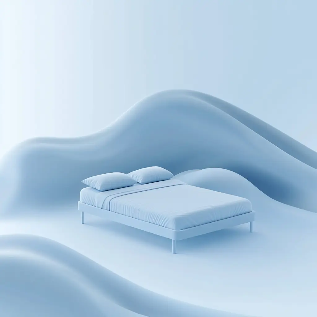 Lit minimaliste entouré de vagues fluides symbolisant la sérénité et le sommeil profond.