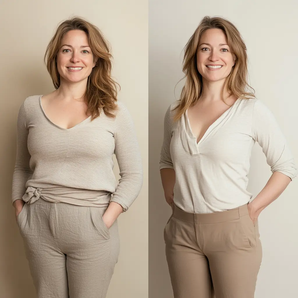 Transformation avant et après : femme souriante avec une silhouette affinée et harmonieuse – sainaloe.com et LR Health & Beauty.