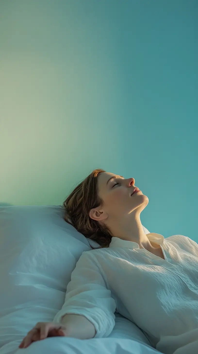 Une femme allongée dans un état de relaxation profonde, baignée par une lumière douce, reflétant la sérénité d’une nuit paisible.
