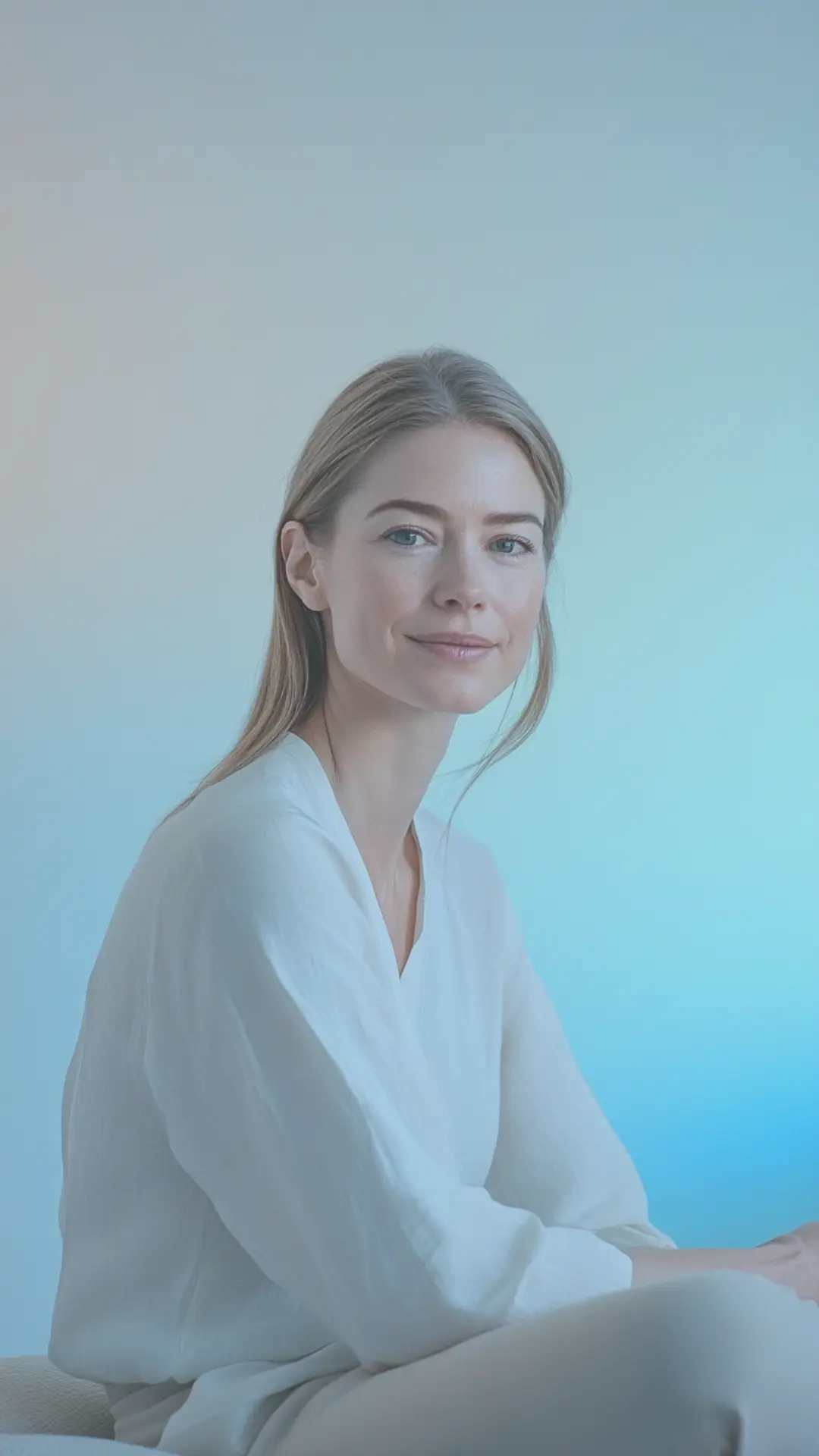 Une femme souriante, sereine, assise dans un décor apaisant, illustrant l’harmonie et le calme d’un sommeil réparateur.