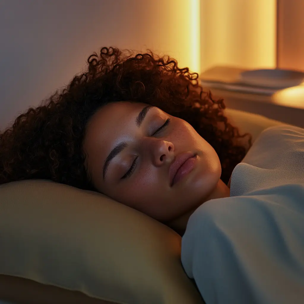 Une femme profondément endormie, sereine, sous une lumière douce et chaleureuse, symbole de nuits réparatrices grâce à des solutions naturelles.