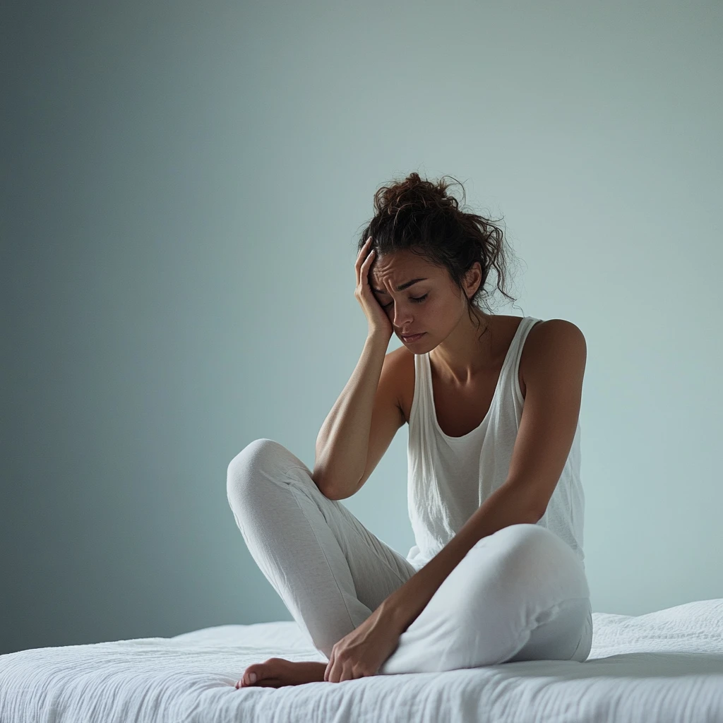 Femme assise sur un lit, visiblement perturbée par une nuit agitée, cherchant des solutions pour un meilleur sommeil.